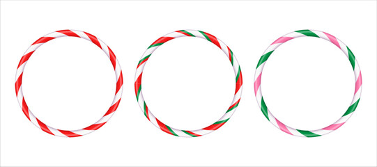 Round empty frames in the form of Christmas candy striped cane, place for text. Holiday banner xmas . Vector illustration isolated, on white background