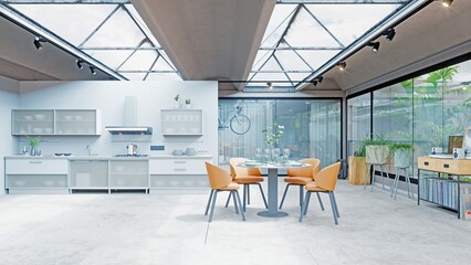 Bright interior of modern kitchen and dining area inside a contemporary house with large glass windows and concrete roof. House design concept for real estate.