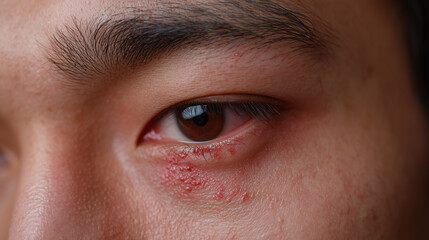Fototapeta premium Close up of irritated skin with red eczema flare up on lower eyelid and surrounding area showing inflammation and discomfort on person face