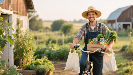 Fresh organic vegetables delivered in reusable jars and eco bags by local farmer on bicycle in countryside scene