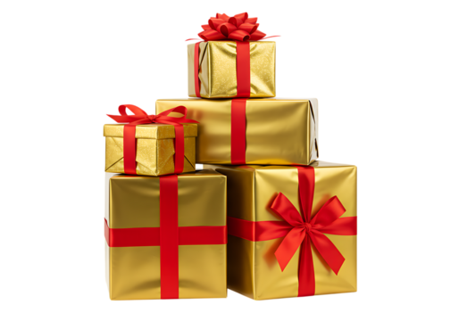 Gold Gift Boxes Red Ribbons Pyramid isolated on a transparent background