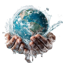Earth globe held in hands with splashing water against a black background in a studio shot on transparent background
