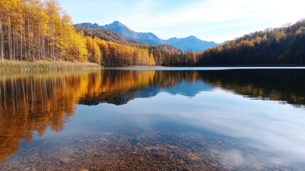 This serene autumn landscape captures the vibrant hues of fall foliage reflecting beautifully in the calm waters, showcasing nature's breathtaking palette.