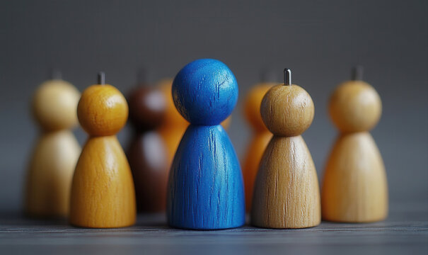 A single blue wooden figure amongst a group of different colored figures - Powered by Adobe