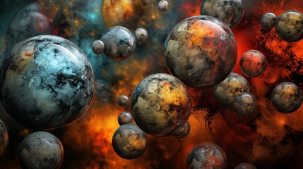 Floating Stone Planets in Fiery Cosmic Scene with Glowing Background for Fantasy Space Concept Art