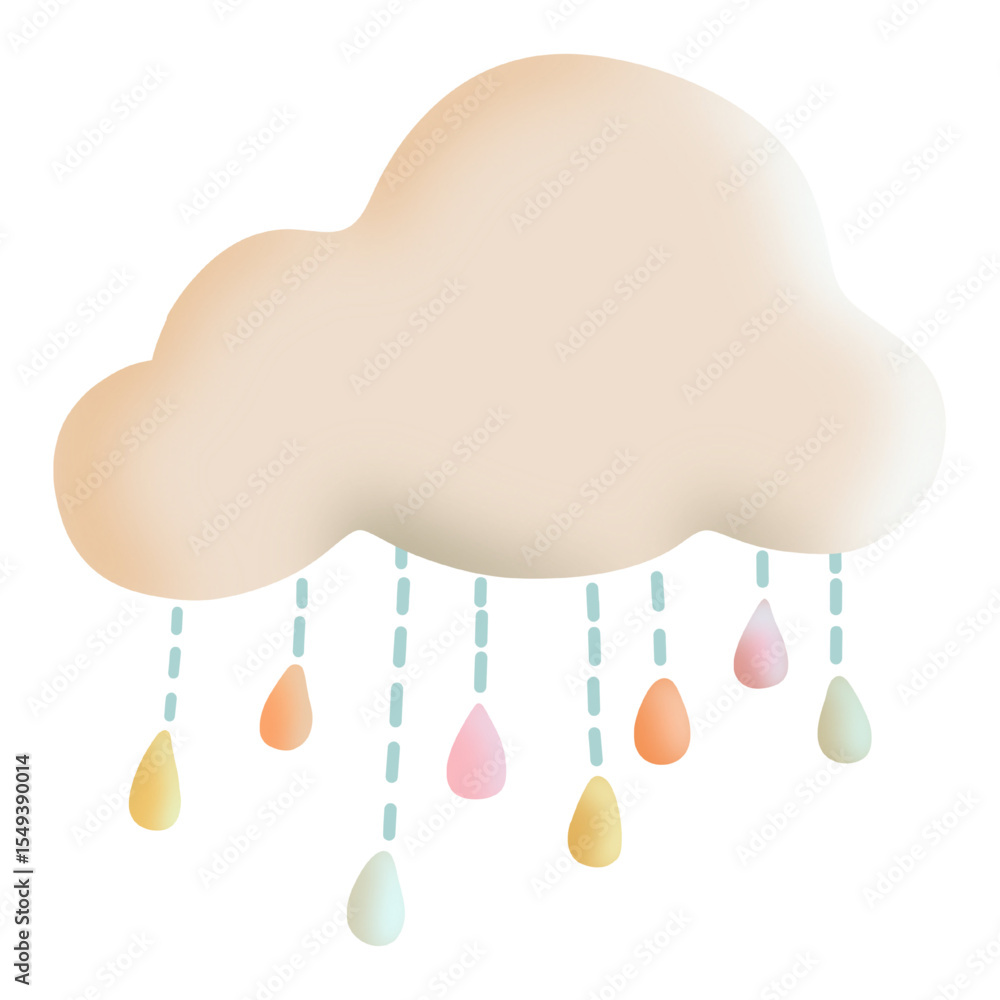 Poster clouds and round raindrops have natural curves, but they are made to look soft and uncomplicated.