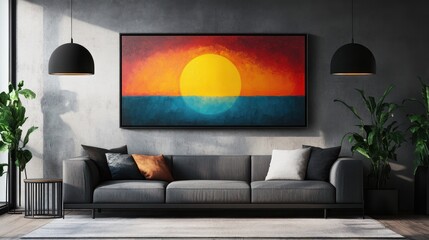 Modern living room with sunset painting