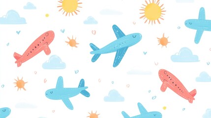 Cute airplane and sun pattern on a white background.  A whimsical design