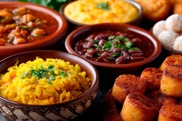 Assortment of colorful traditional dishes in rustic bowls including yellow rice, beans, fried bites and stews garnished with fresh herbs