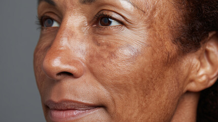 Fototapeta premium Close up of mature woman with melasma spots on her upper lip and cheek, showing natural skin texture and wrinkles with calm expression