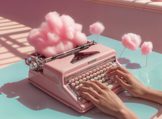 Woman's hands typing on retro typewriter placed on a pastel blue desk, with pink cotton candy clouds bursting out. Dreamy, inspirational writing, nostalgic, creativity retro background.