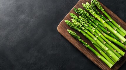 This image showcases fresh asparagus arranged neatly on a dark wooden cutting board, highlighting the freshness and vibrant color of the vegetables for culinary applications.