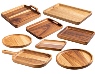 Artisan Handcrafted Wooden Trays with Carved Handles, Scattered Layout, isolated on a transparent background