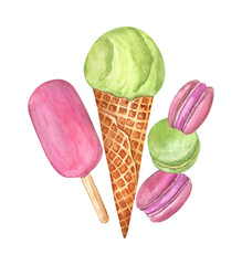 Watercolor illustration of ice cream and macarons isolated on transparent background. Colorful desserts for summer days; for stickers, cafe decoration, menu, greeting cards, and more
