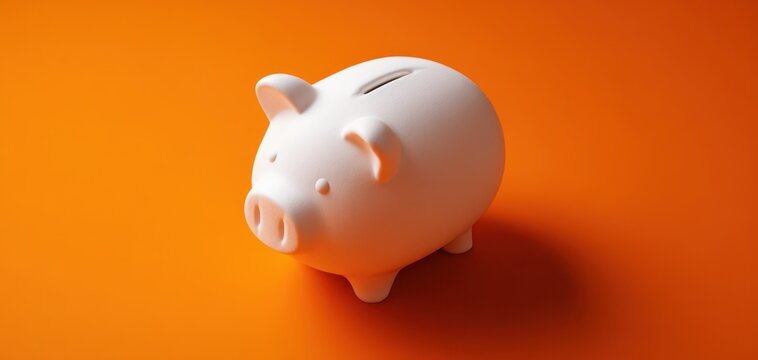 The white piggy bank on a vibrant orange background for savings and finance.