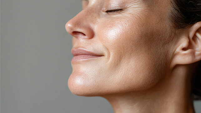 Glowing smooth skin on cheekbone of woman with closed eyes showing natural beauty and healthy complexion in close up side profile view