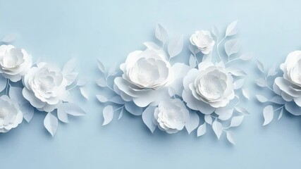 Delicate white paper flowers and leaves on a light blue background - Powered by Adobe
