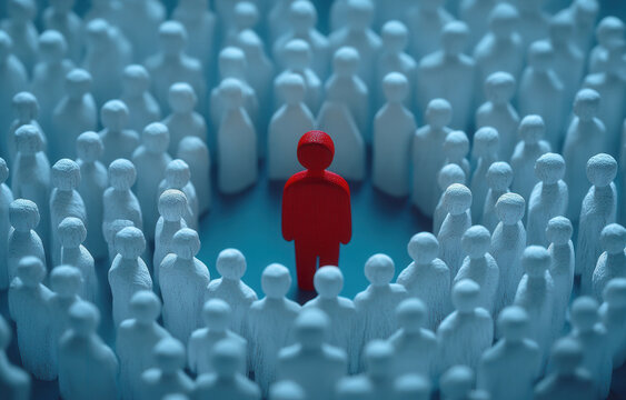 A single red figure amidst a sea of white figures