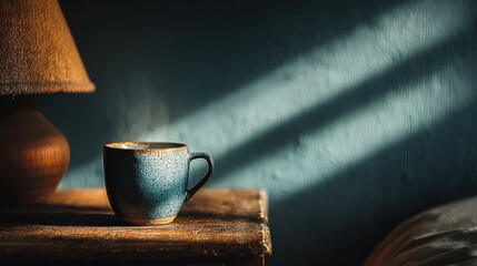 Steaming Coffee Mug Resting on a Wooden Table with Ambient Lamp Light