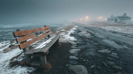 Old Wooden Bench Overlooking Foggy Coastal Scenery in Winter Landscape