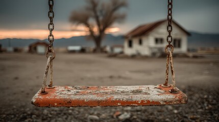 Weathered Swing Seat and Chains Hanging with Abandoned House in the Distance