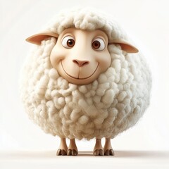 Round fluffy sheep with tiny hooves and a gentle smile isolated on white