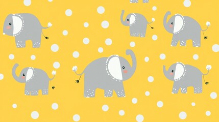 Cute elephants on a yellow background with white polka dots