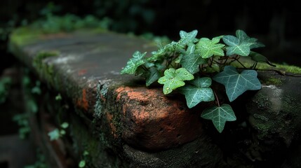 Ivy with Water Droplets on Brick Ledge Showing Signs of Weathering and Moss