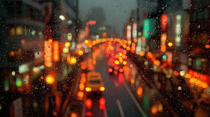 View of City Traffic Through Rain Streaked Window at Night