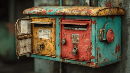Pair of Aged Metal Mailboxes with Peeling Paint Mounted on Concrete Wall