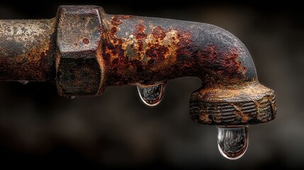 Aged metal faucet with drops of water showing signs of heavy oxidation