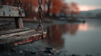 Weathered wooden park swing with rusty chains near calm lake at sunset