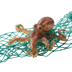 A brown octopus with textured skin sits on a light blue net against a dark black background in a studio on transparent background