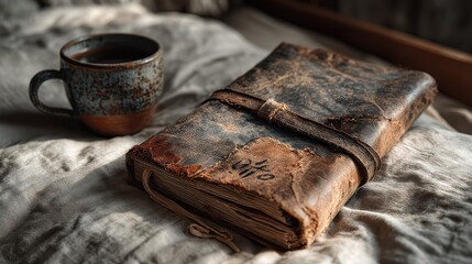 Old Leather Bound Journal with Coffee Cup on a Linen Surface
