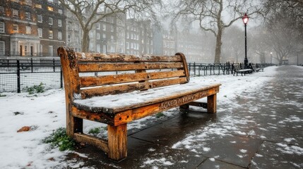 Empty Wooden Bench in a Snow Covered Park with Historic Buildings