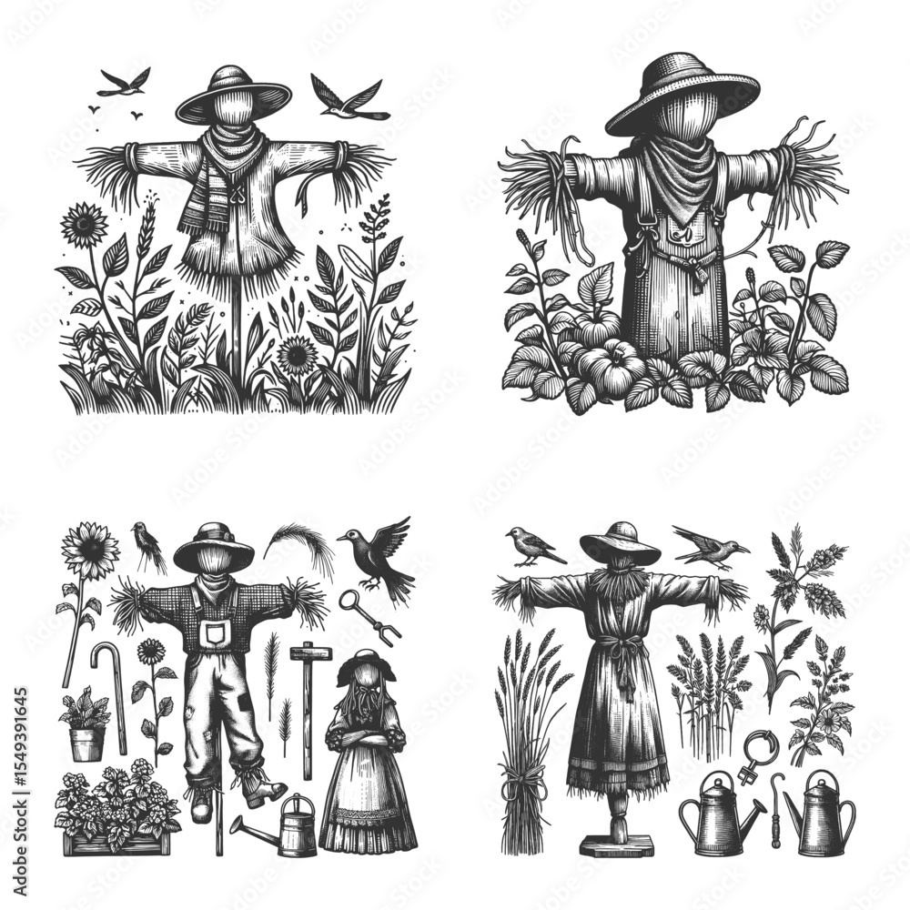 Poster scarecrow set collection bundle sketch engraving generative ai vector illustration. scratch board im