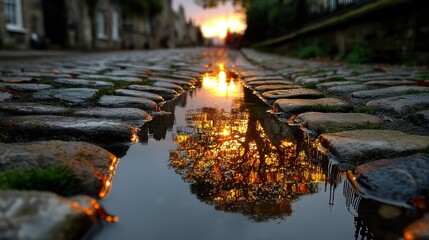 Puddle Reflected Building and Sunset on Cobblestone Street After Rain