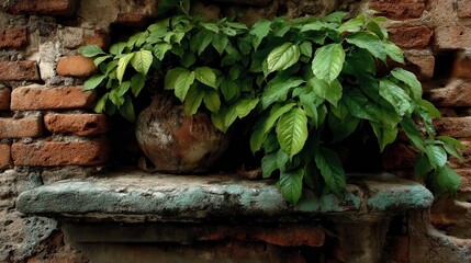 Leaves cascade from a clay pot nestled on a weathered stone shelf against a brick wall