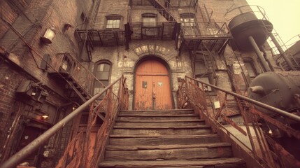 Weathered Brick Building with Stairs, Fire Escapes and Water Tank, Urban Decay