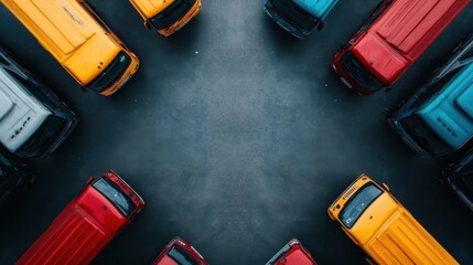 An aerial view of neatly arranged multi-colored trucks forming a vibrant pattern on the ground, showcasing the organized chaos of logistics in modern transportation.