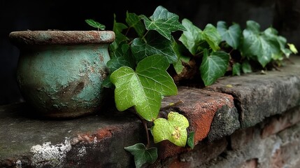 Terra Cotta Pot with Ivy Growing on a Brick Wall in Shaded Setting