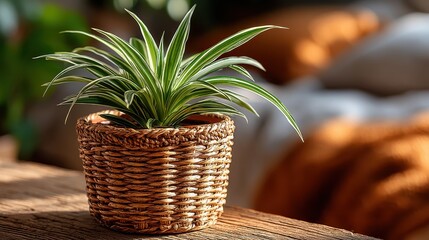 Variegated Spider Plant Displayed in Woven Basket on Wooden Tabletop