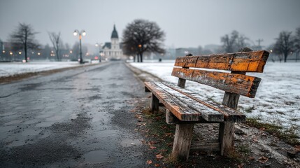 Weathered wooden bench in a park with light snow and an old building in the distance