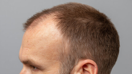 Obraz premium Thinning hair on male scalp with visible hairline and temples showing early hair loss and receding pattern in close up side profile view