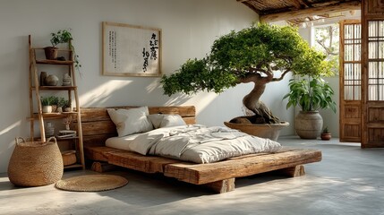 Bonsai Tree near Wooden Bed in Sunny Natural Light Interior