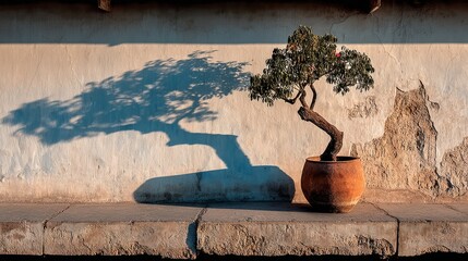 Small Potted Tree casting large Shadow on Weathered Wall Surface