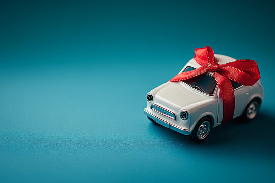 A white toy car with a red ribbon bow, ready as a gift