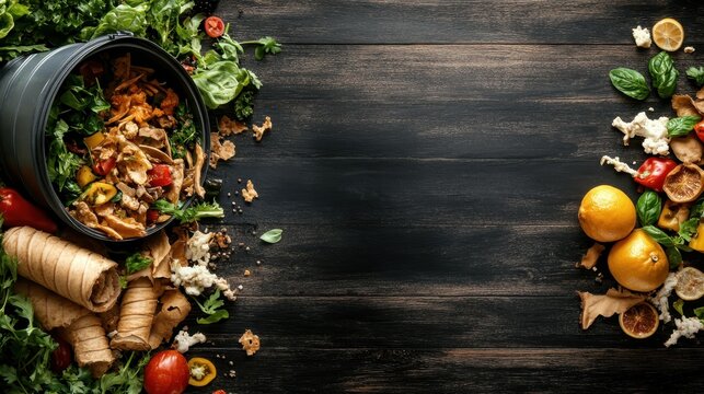A thought-provoking image of dumped food waste surrounded by fresh vegetables and fruits, shedding light on the issue of food waste and its impact on the environment.