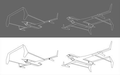 Isometric view Military Drone blueprint line technical drawing on isolated background