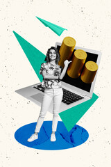 Trend artwork composite banner photo collage of young lady stand thumb show laptop smile pile coins...